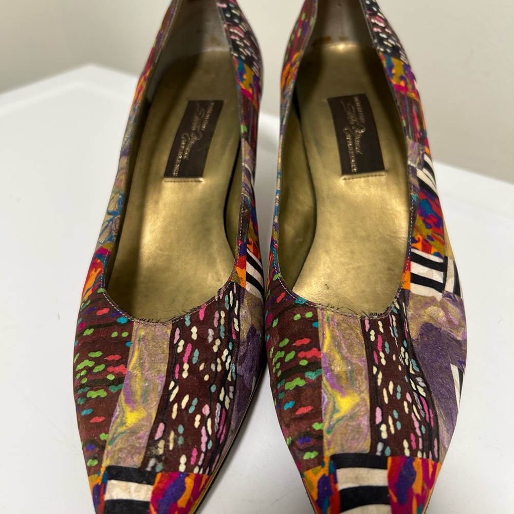 Sesto Meucci Artsy Silk Heels Brown Green Multi Size 8 N Narrow - Picture 6 of 13